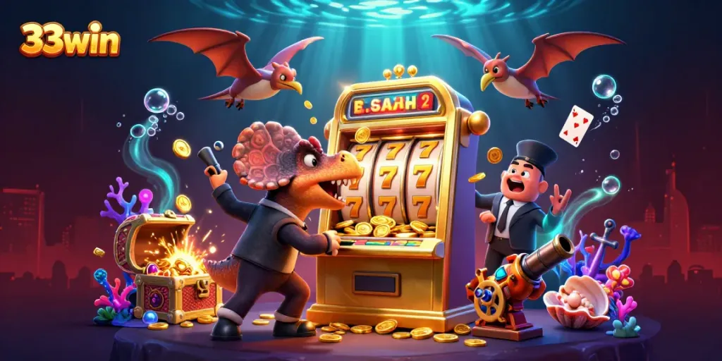 Experience the thrill of 33win with a 3D cartoon scene of exciting jackpots and dynamic casino action.