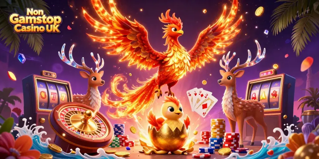 Experience the excitement of Non Gamstop Casino UK with dynamic phoenix characters surrounded by casino elements.