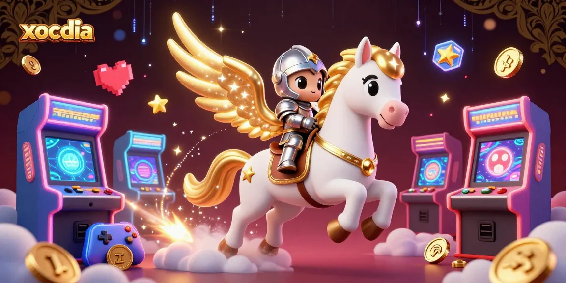 Xocdia gamely showcases a white celestial horse with a knight, surrounded by vibrant gaming elements.