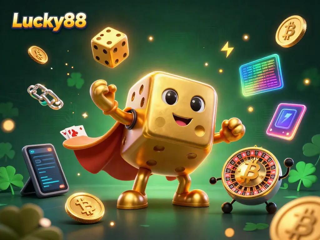 Engage with Lucky88 casino excitement through a vibrant 3D scene of golden dice and cryptocurrencies.