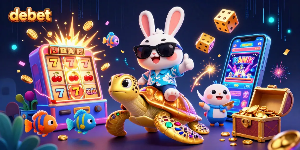 Experience the thrill of debet with a lucky rabbit and sea turtle in a vibrant casino scene.
