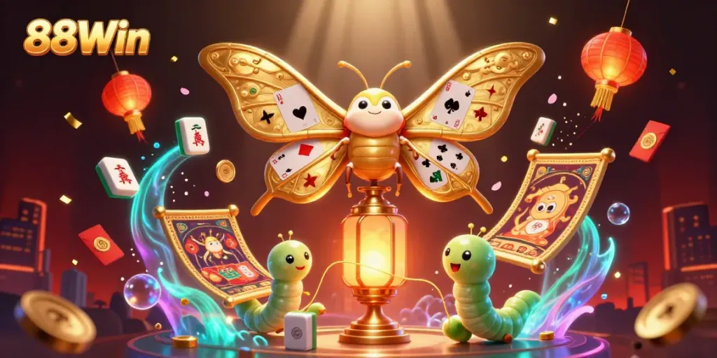 Experience the thrill of 88Win with a vibrant casino scene featuring a majestic moth and dynamic gaming elements.