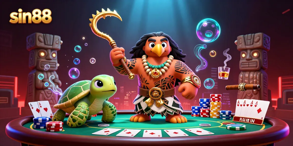 Experience thrilling poker action with sin88, showcasing a demigod and playful turtle in a vibrant casino.
