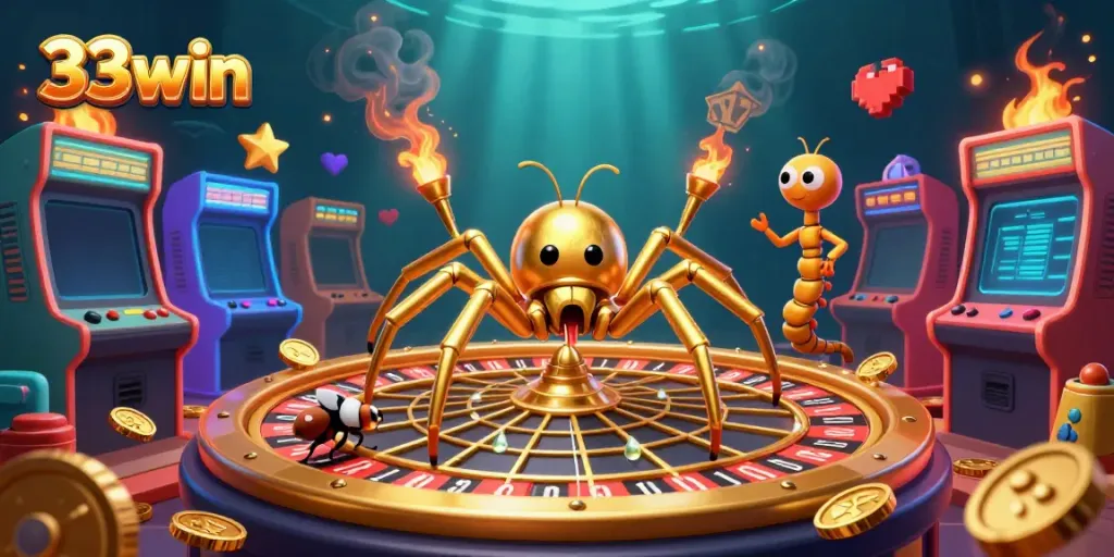 Experience the thrill of 33win with vibrant gaming elements and characters in a dynamic casino scene