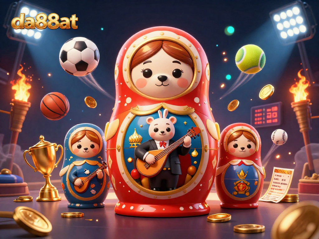 da88at showcases a lively casino scene with Matryoshka bears and sports elements, enhancing your gaming experience.