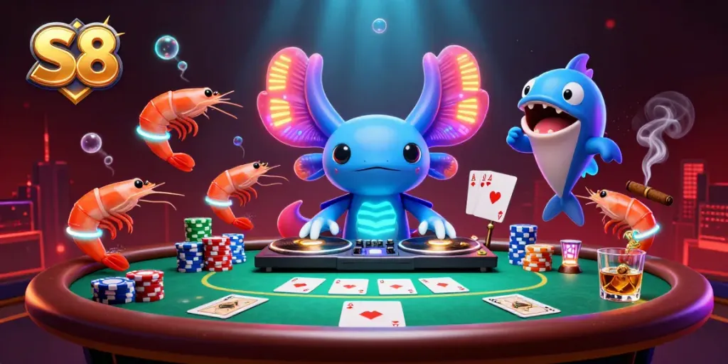 S8 features a lively 3D illustration of an axolotl DJ surrounded by poker elements in an underwater casino.