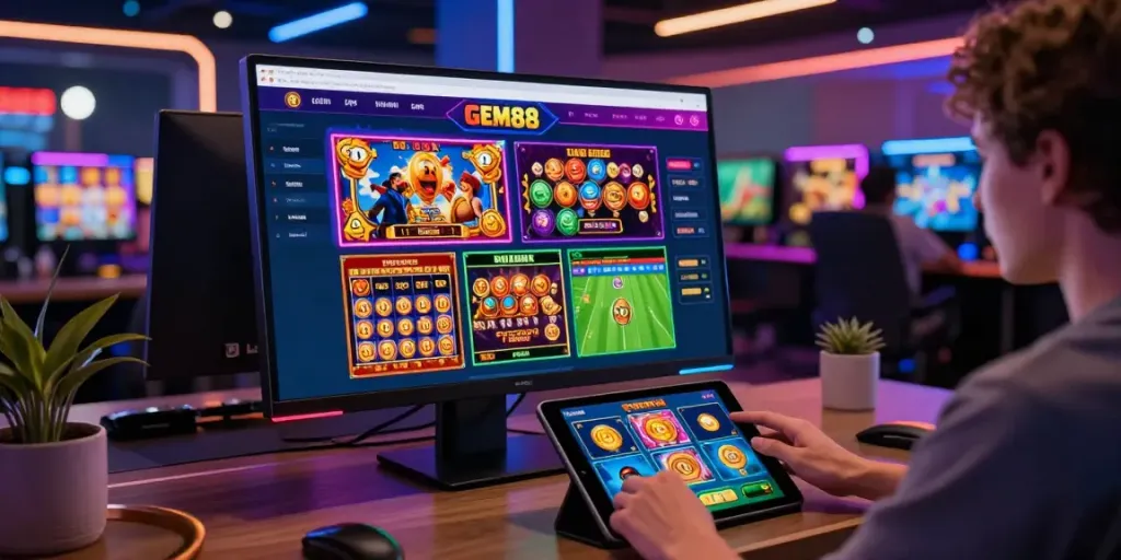Engaged player at http://gem88-mobile.com enjoying a variety of online casino games in a modern gaming space.