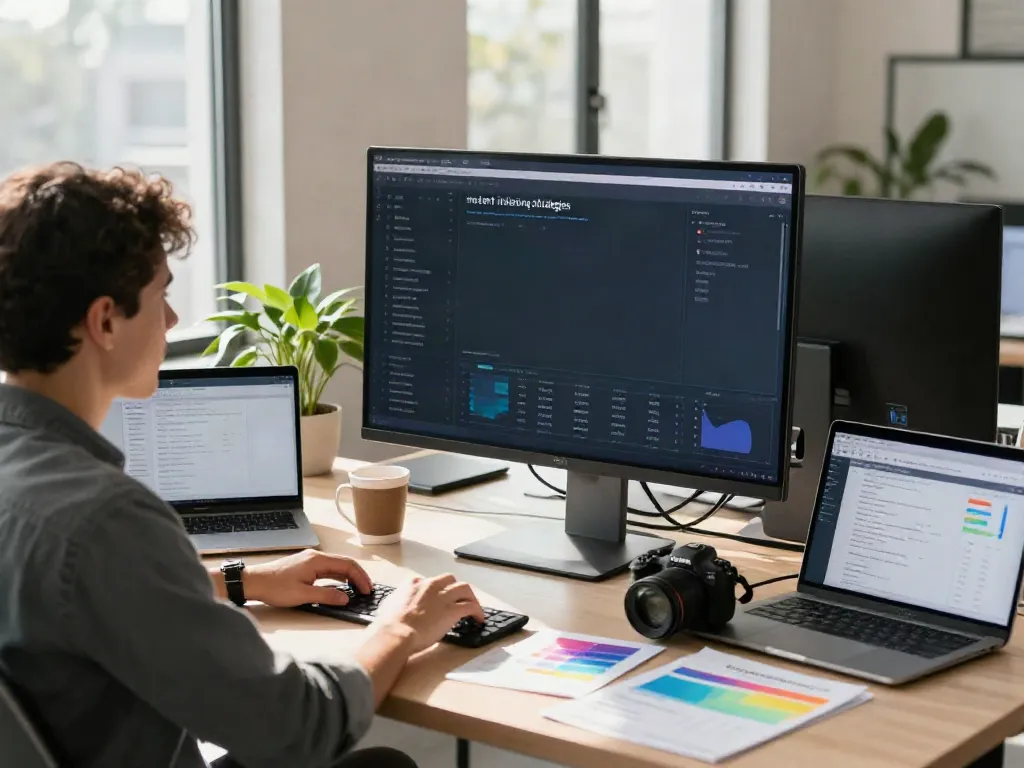 Marketer analyzing instant indexing strategies on a large screen in a bright office.