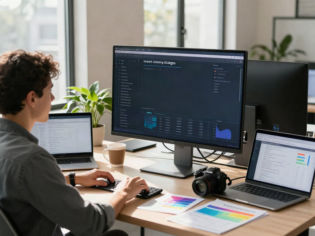 Marketer analyzing instant indexing strategies on a large screen in a bright office.