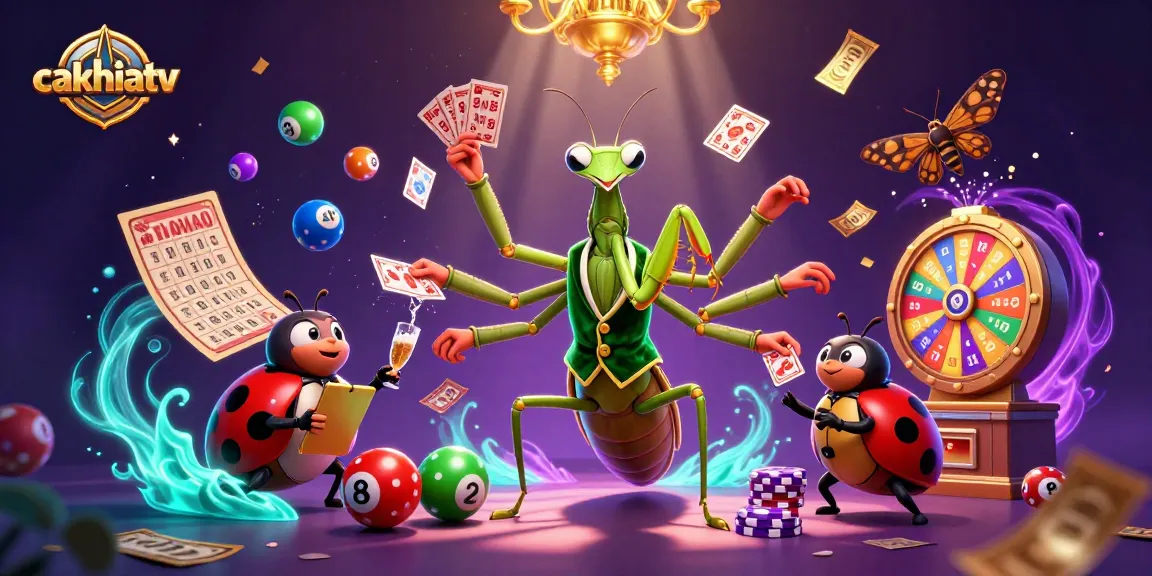 Cakhiatv showcases a vibrant 3D scene with a card sharp mantis and a ladybug pit boss expertly managing dynamic gambling elements.