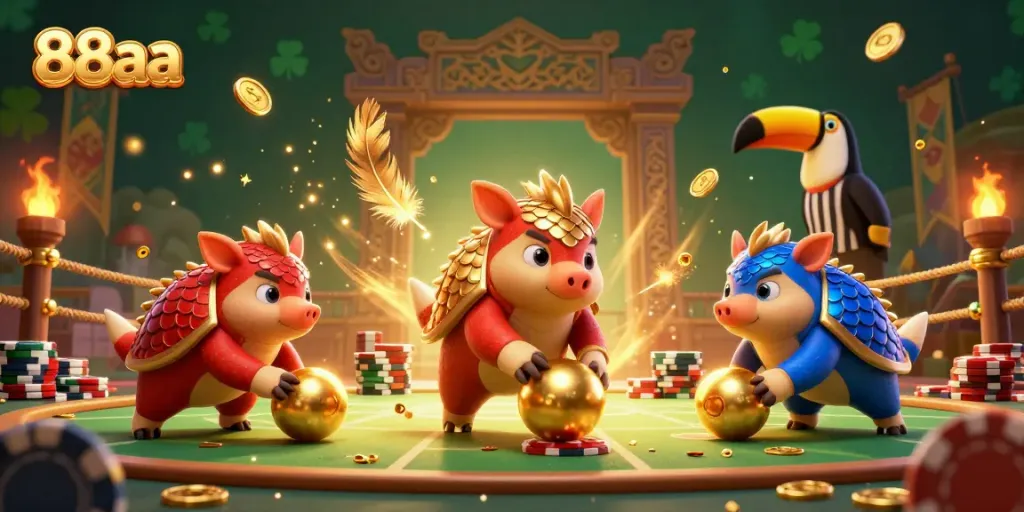 Engage in thrilling gameplay as 88aa pangolins roll through golden balls and poker chips in a vibrant casino scene.