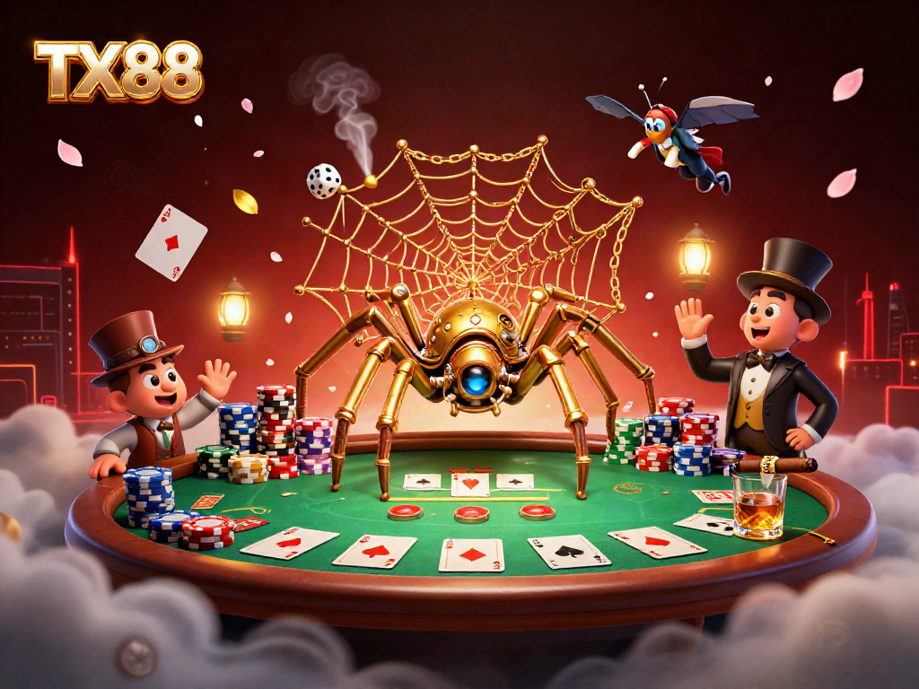 Engage with the steampunk-themed TX88 casino experience featuring a golden spider and poker elements.