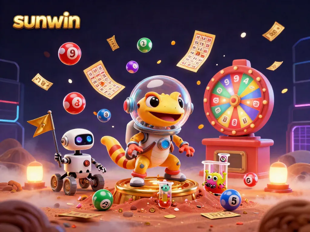 Experience sunwin with a Martian gecko discovering a gold casino amidst vibrant gambling elements.