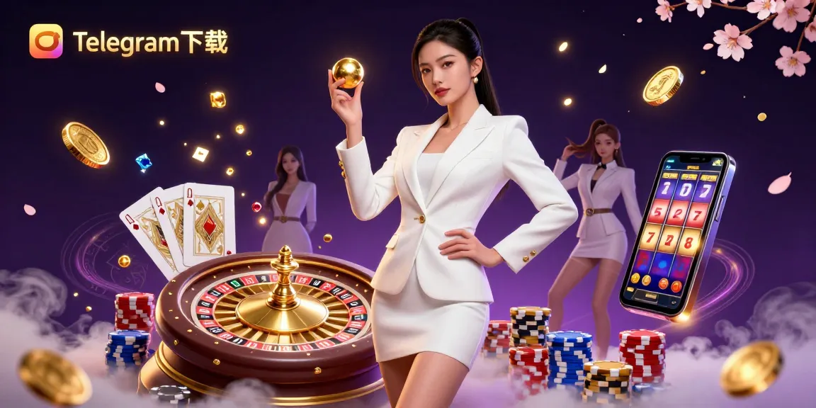 通过Telegram下载体验赌博的兴奋，展示生动的赌场元素和迷人、自信的模特。