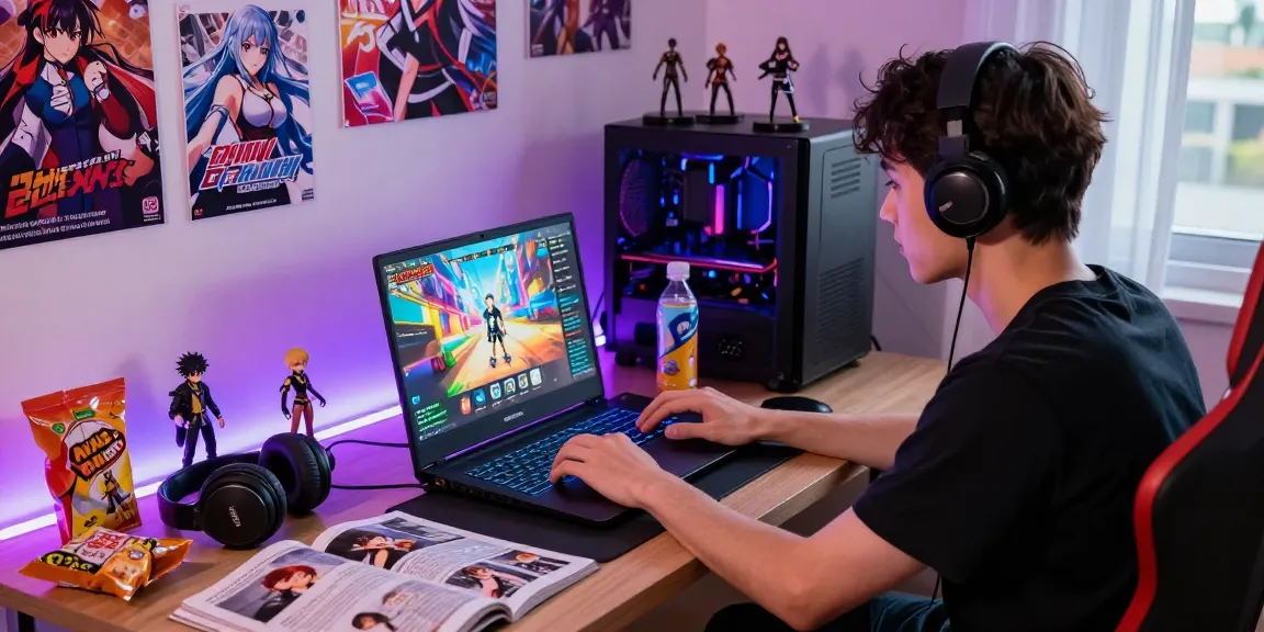 Engaged gamer exploring game ecchi titles in a vibrant urban bedroom.