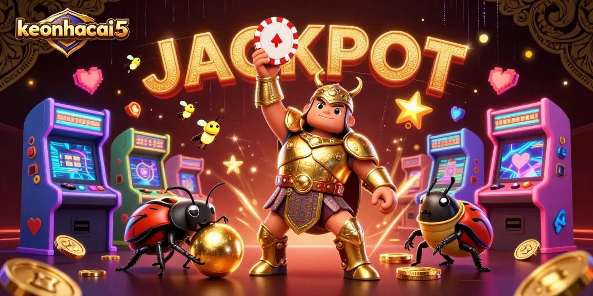 Capture the excitement of keonhacai5 with a golden-armored beetle championing a victory in a vibrant casino scene.