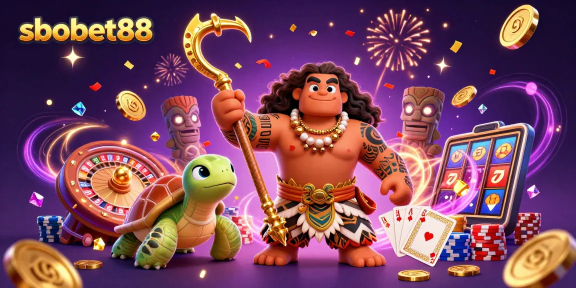 Experience thrilling action at sbobet88 with a colorful 3D illustration showcasing dynamic casino elements and characters.
