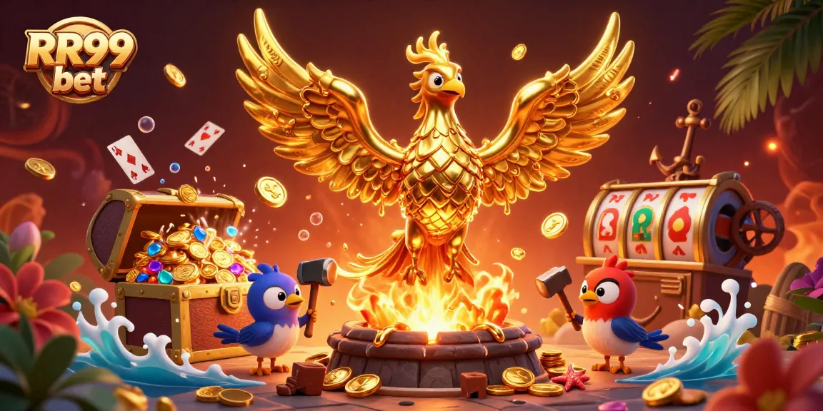 Experience the thrill of RR99 bet as golden phoenix reveals treasures and casino elements.