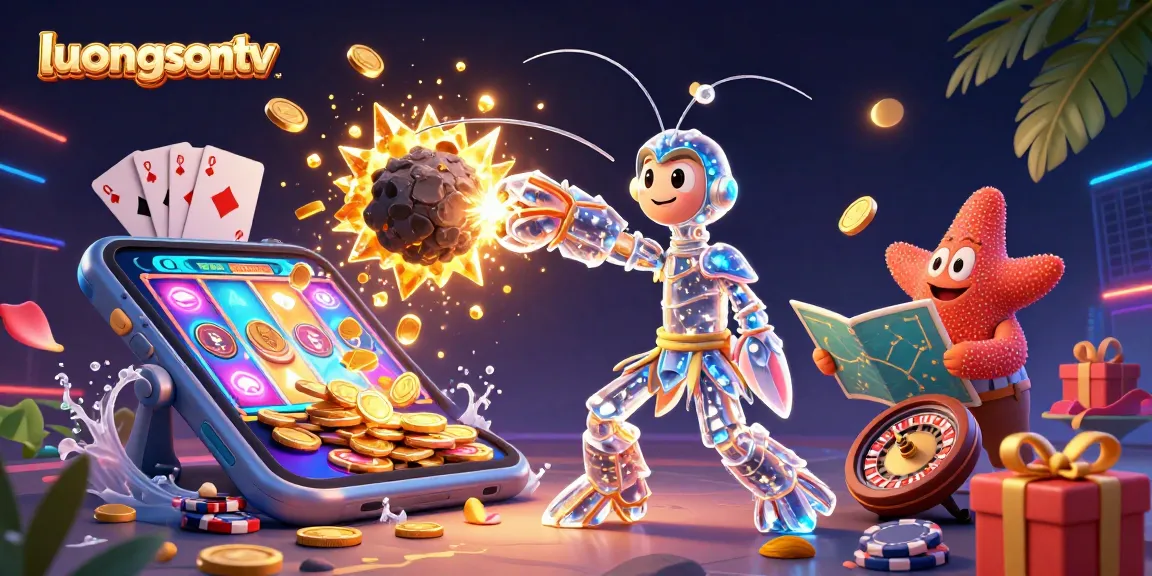 Experience exciting gameplay with luongsontv's colorful slot reels and unique characters in a vibrant 3D scene.