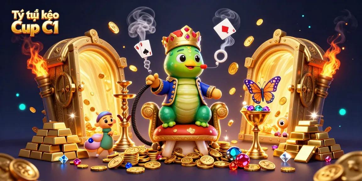 Tỷ lệ kèo Cup C1 illustrated in a dynamic casino scene featuring a charming caterpillar and treasure elements.
