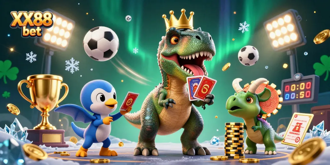 Engage in the exciting world of XX88 bet with a whimsical casino scene featuring a T-Rex and friends.