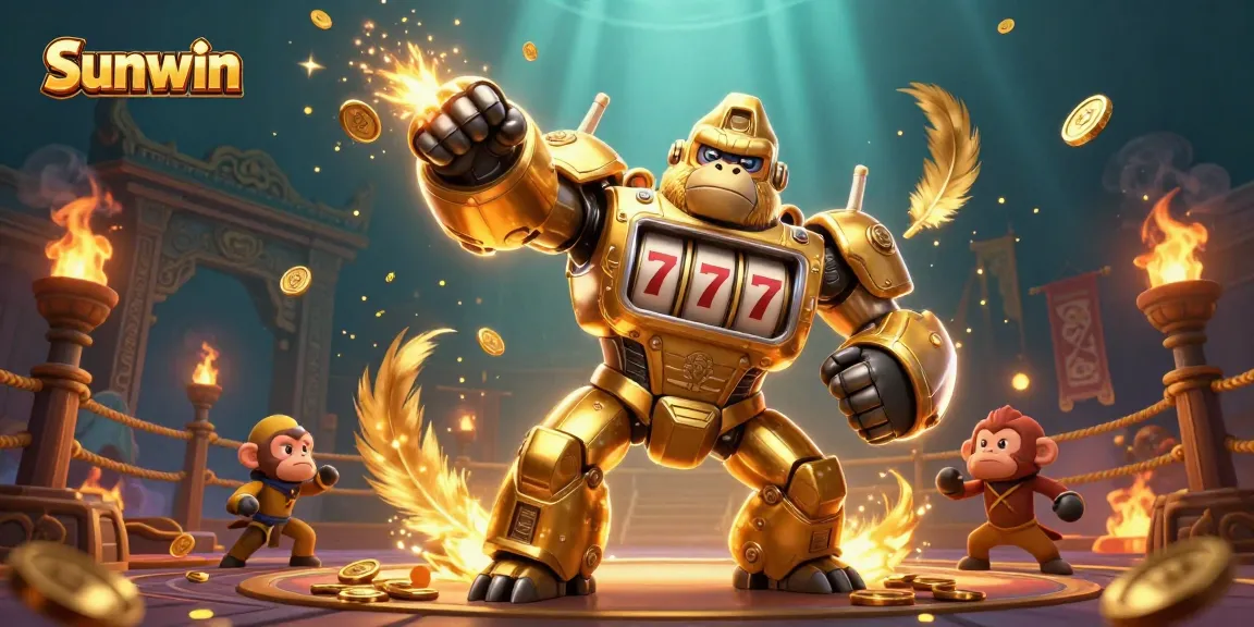 Experience the thrill of Sunwin with a dynamic 3D illustration featuring a golden gorilla mech and exciting casino elements.