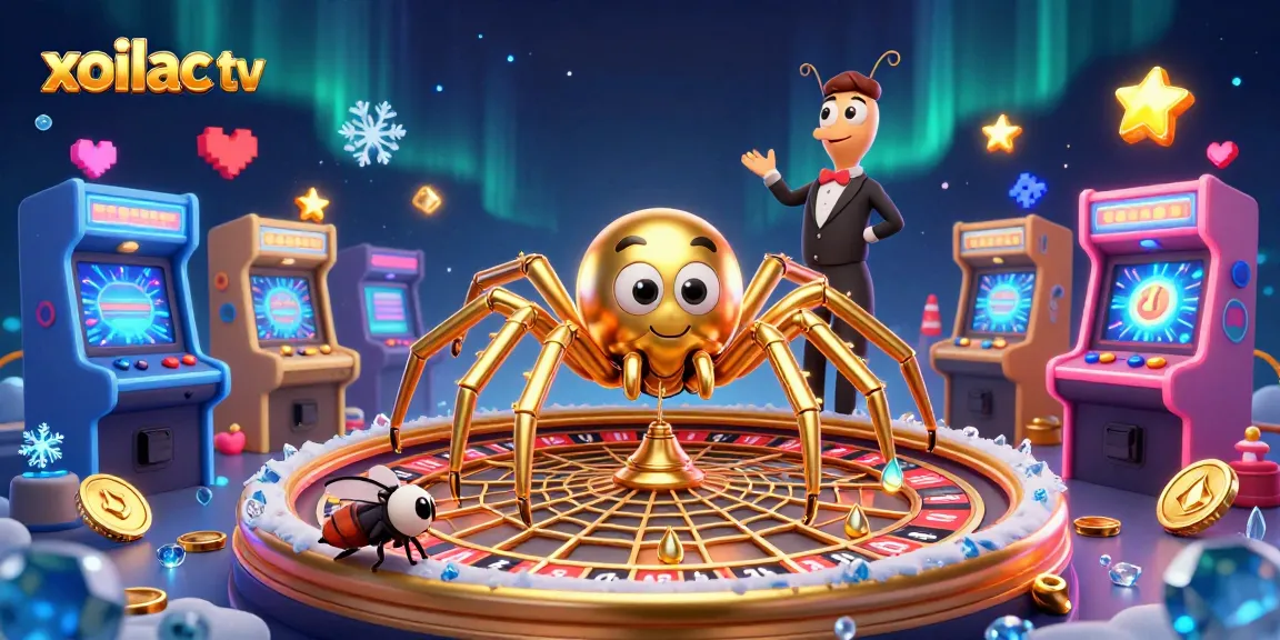 Engage with xoilac tv's thrilling roulette wheel scene featuring a cartoon golden spider and vibrant game elements.