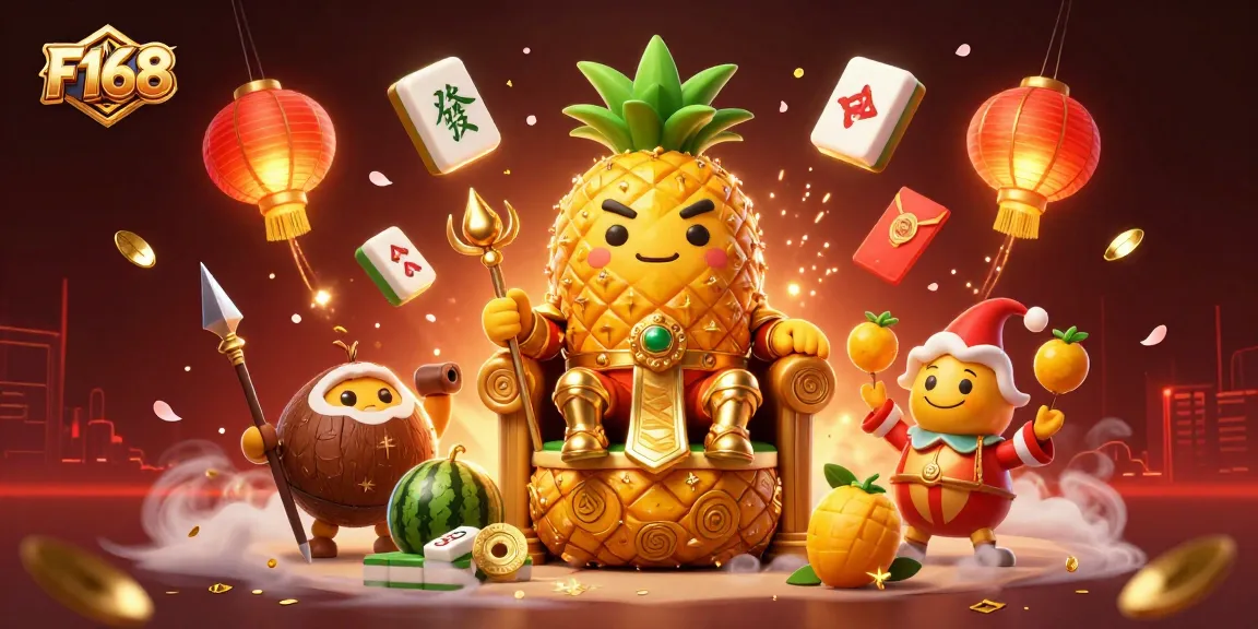 Experience F168's vibrant casino scene with the golden pineapple king and festive elements.
