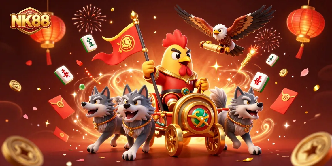 NK88 showcases thrilling action with a rooster warlord and golden chariot amidst fireworks and celebratory items.