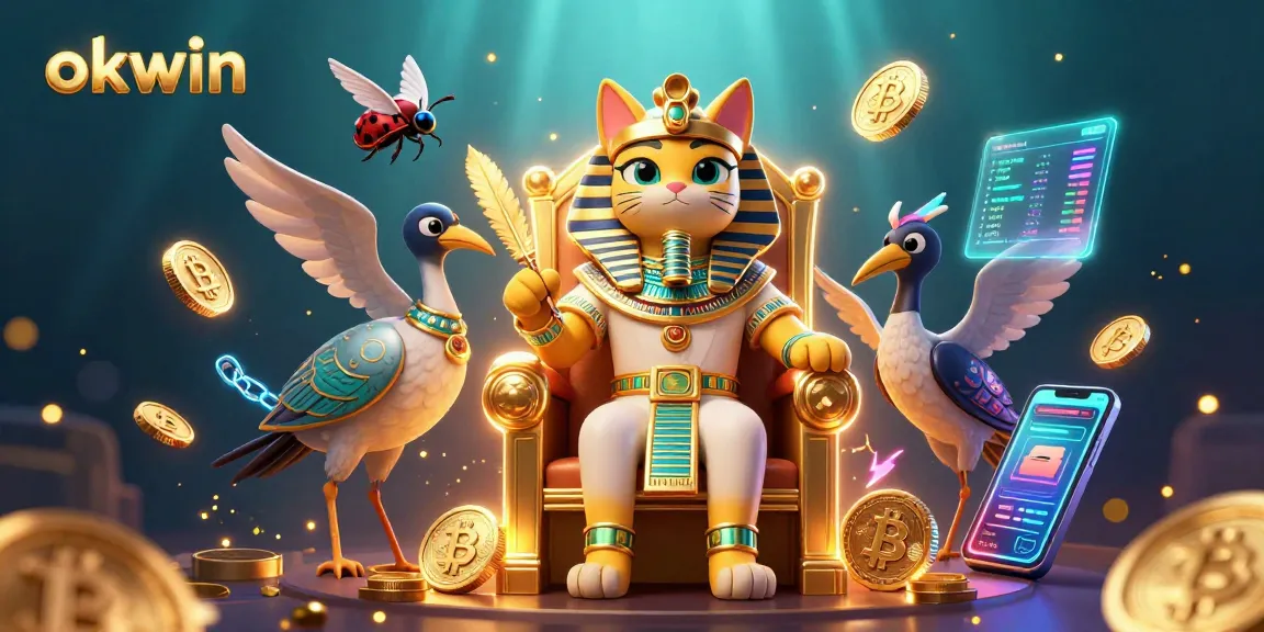 Experience thrilling wins with okwin's vibrant 3D casino scene featuring a pharaoh cat and crypto elements.