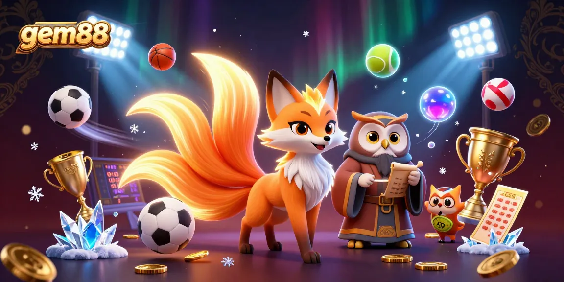 Engage in thrilling gameplay at gem88 with a vibrant scene of a nine-tailed fox spirit and sports elements.