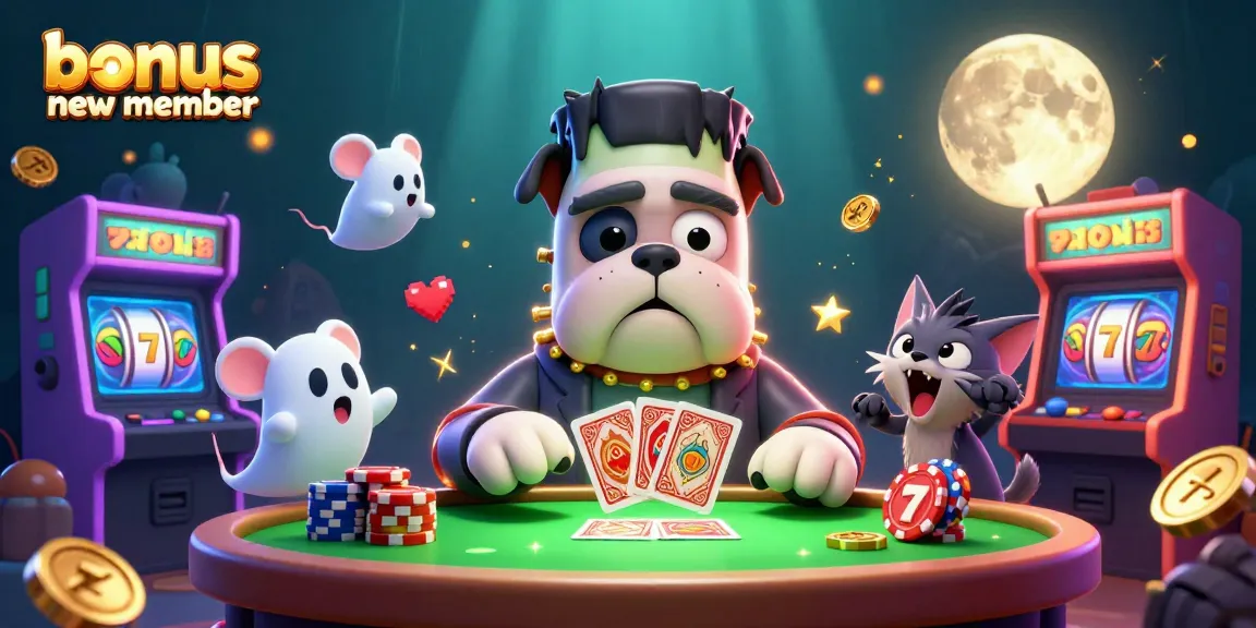 Engage with bonus new member deals while a Frankenstein bulldog deals cards and a ghost mouse floats around.