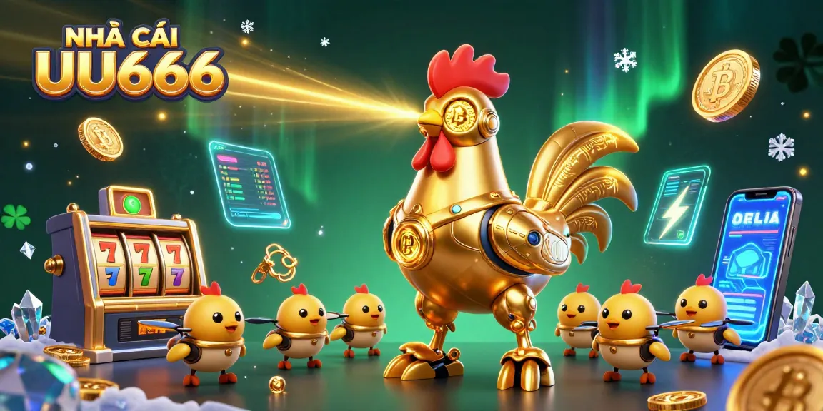 Experience exciting slots at NHÀ CÁI UU666 with a futuristic golden rooster robot and baby chick drones.